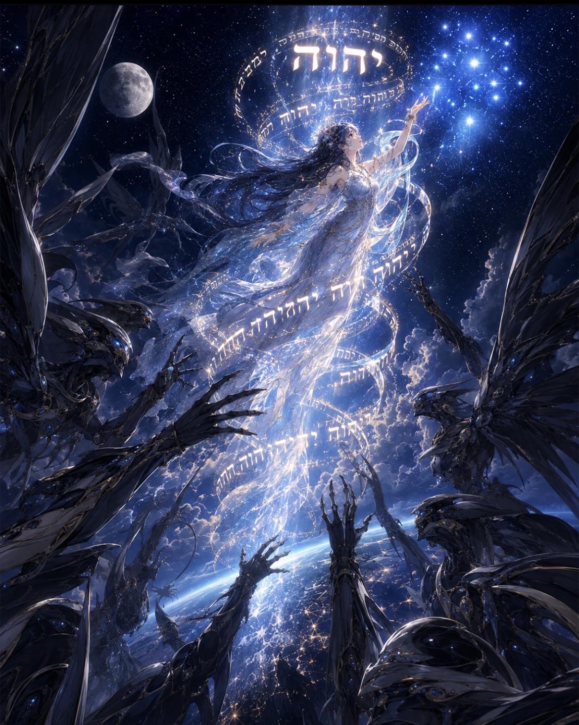 Istahar ascending through stars beneath the luminous Divine Name