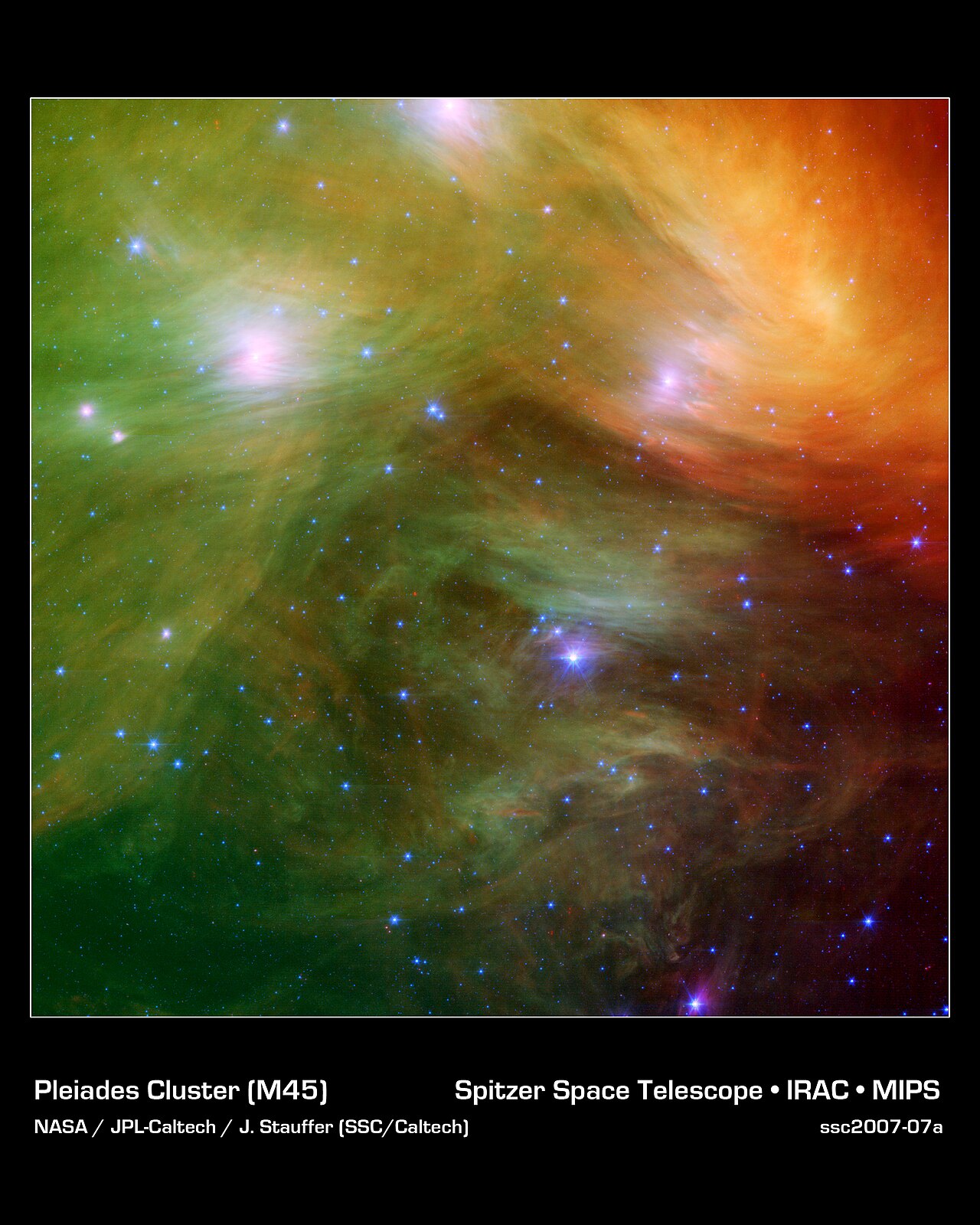 Blue stars and nebulae in the Pleiades star cluster